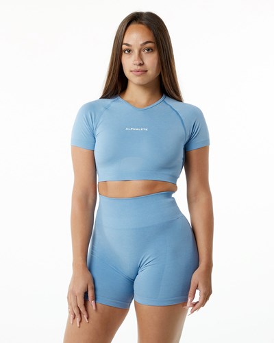 Alphalete Cropped Seamless Kratke Sleeve Washed Denim | 304-TWKXZA