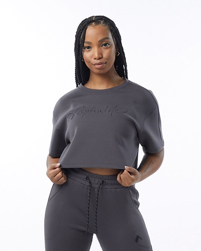 Alphalete Interlock Knit Crop Pullover Charcoal | 549-MFAHSL