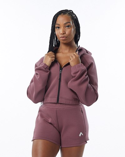 Alphalete Interlock Knit Crop-Zip Hoodie Mauve | 280-UDBMFI