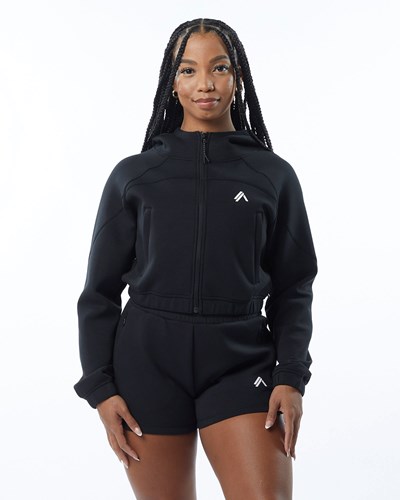 Alphalete Interlock Knit Crop-Zip Hoodie Čierne | 602-GYHEAM