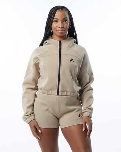 Alphalete Interlock Knit Crop-Zip Hoodie Tan | 901-TXIGEL