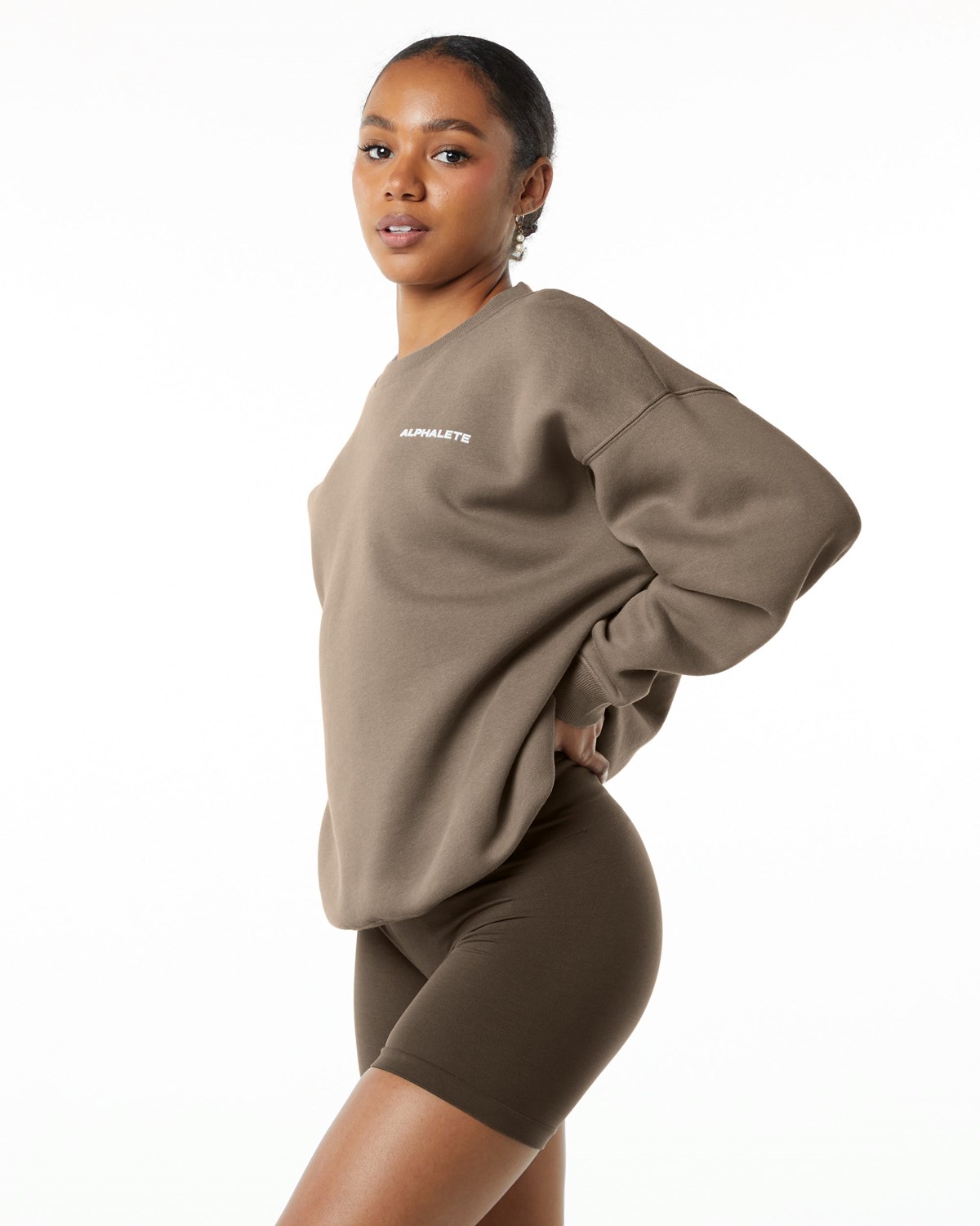 Alphalete Brushed Fleece Crewneck Svetrove Saty Mocha | 297-XRWIAC