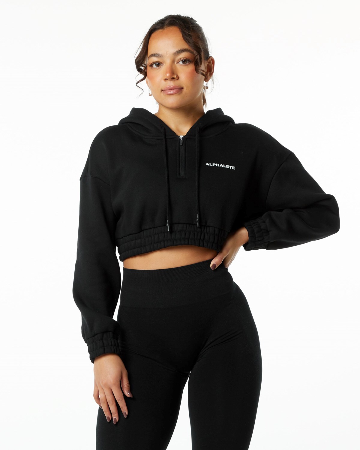 Alphalete Brushed Fleece Half-Zip Crop Hoodie Čierne | 089-KQNIHT