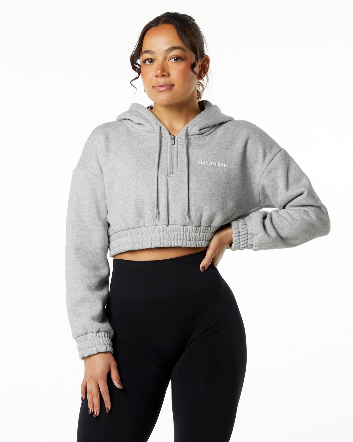 Alphalete Brushed Fleece Half-Zip Crop Hoodie Siva | 584-VMAKYP