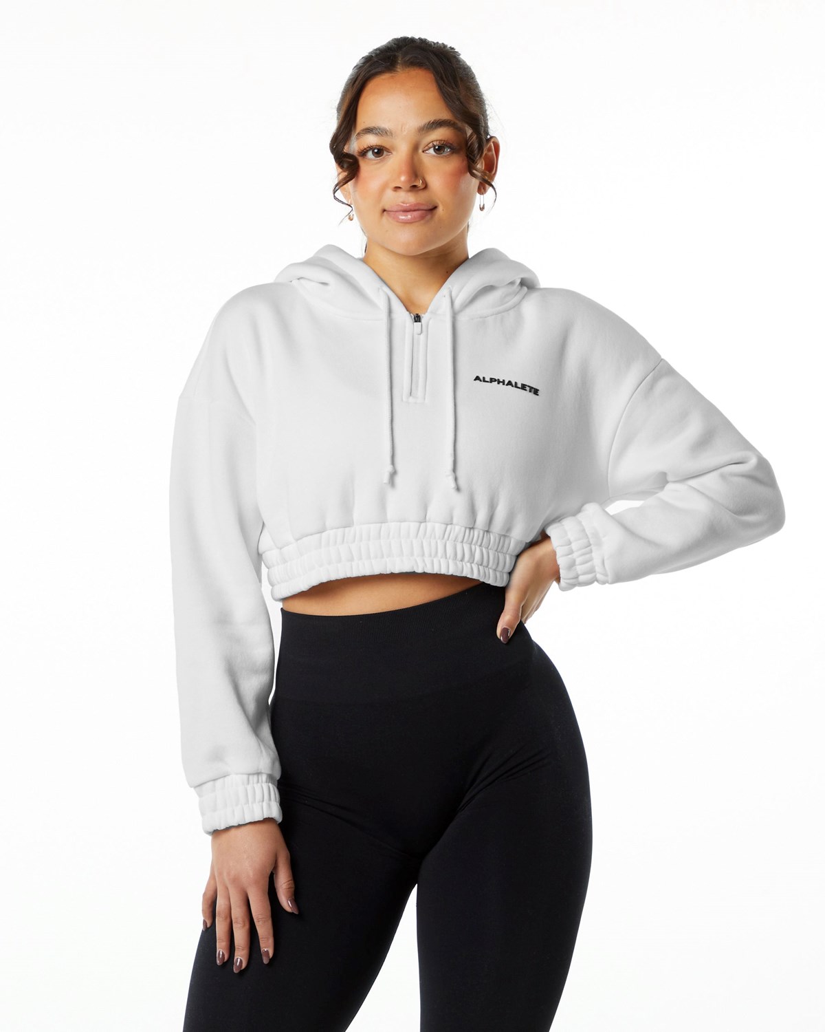 Alphalete Brushed Fleece Half-Zip Crop Hoodie Biele | 608-DZRIQT