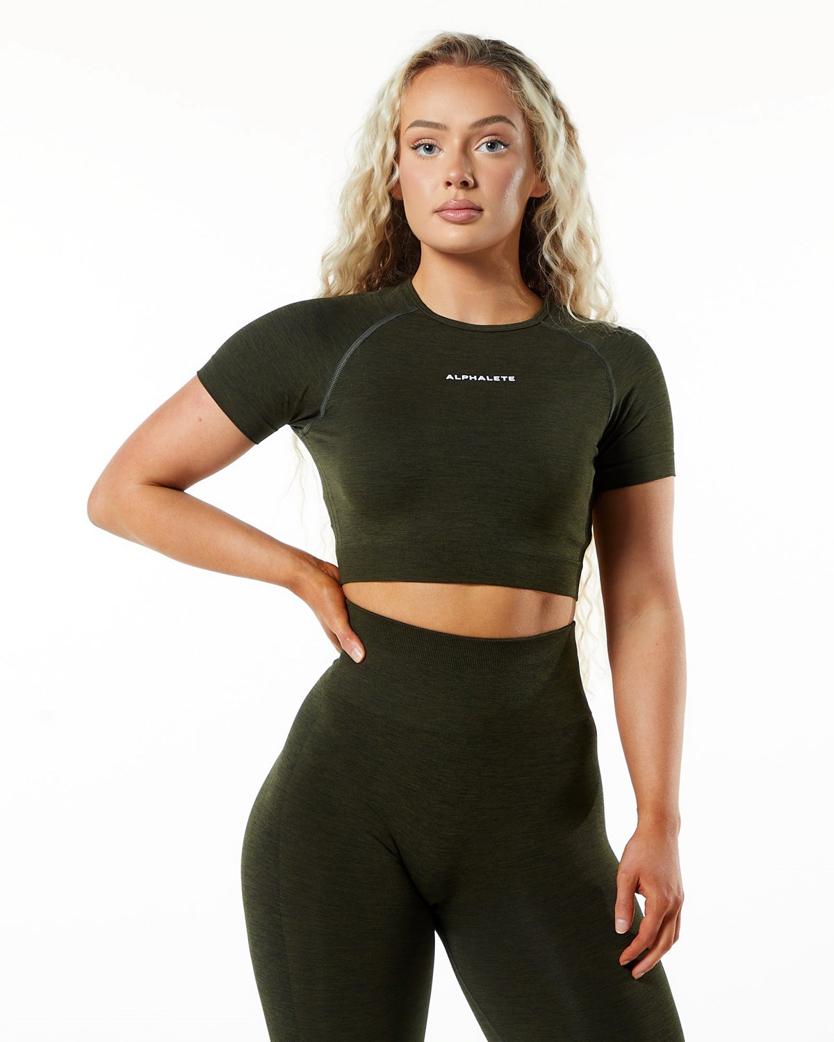 Alphalete Cropped Seamless Kratke Sleeve Evergreen | 167-LNUFIH