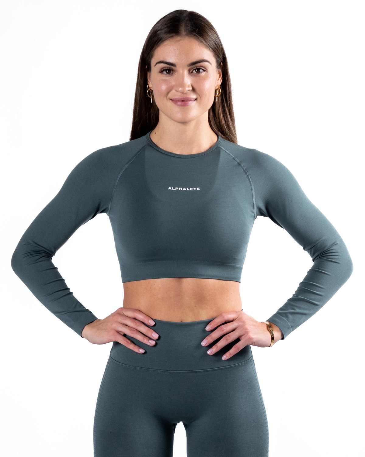 Alphalete Cropped Seamless Long Sleeve Charcoal | 021-RBAOVT