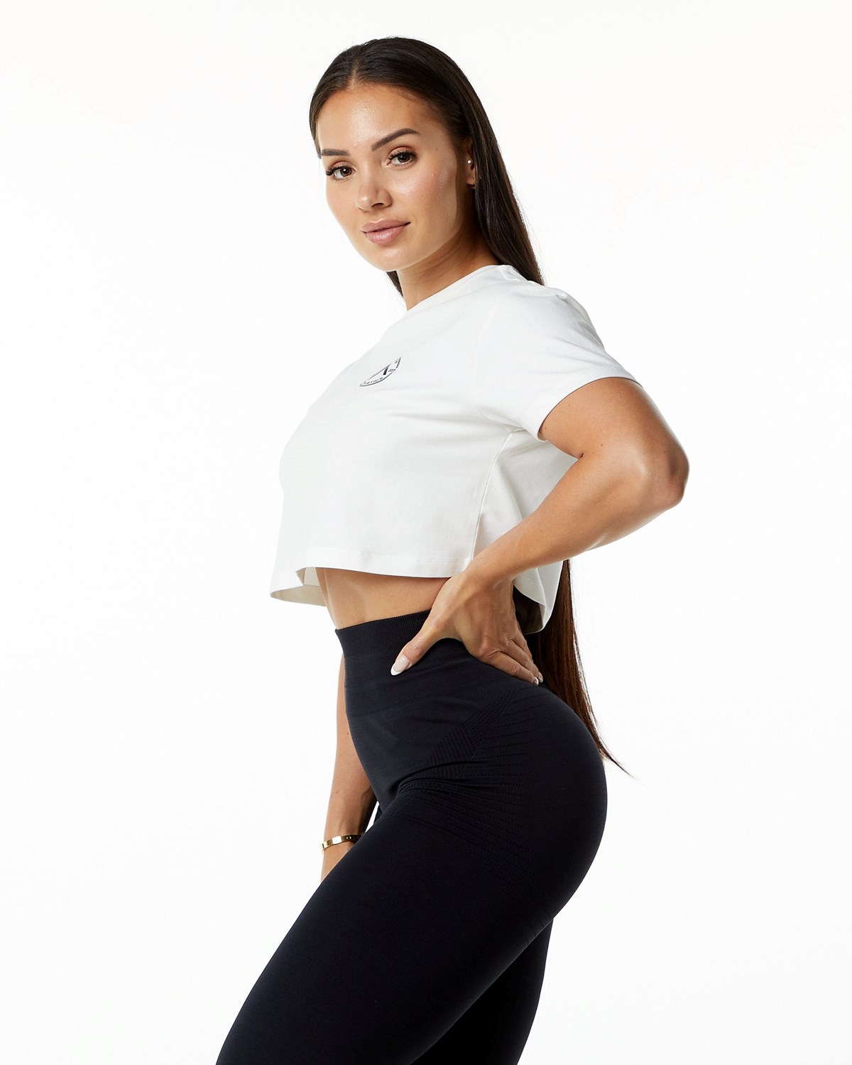 Alphalete Fitted Performance Kratke Sleeve Crop Biele | 139-JTYIPZ