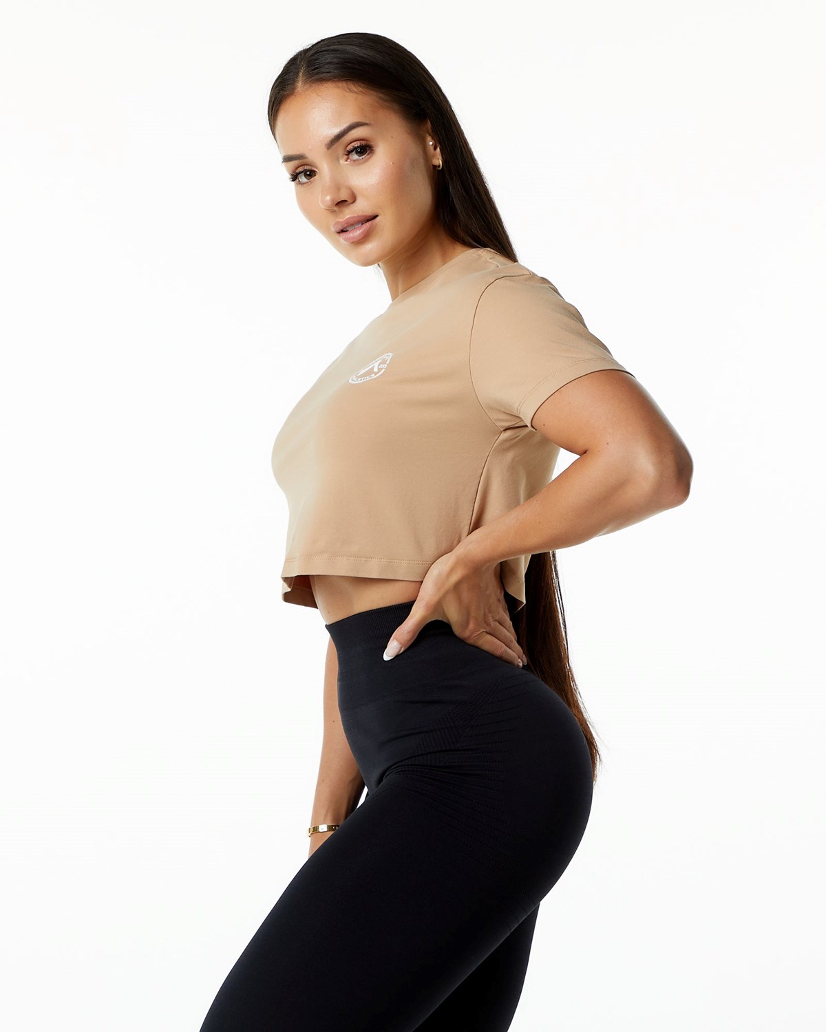 Alphalete Fitted Performance Kratke Sleeve Crop Taupe | 159-FJTSPM