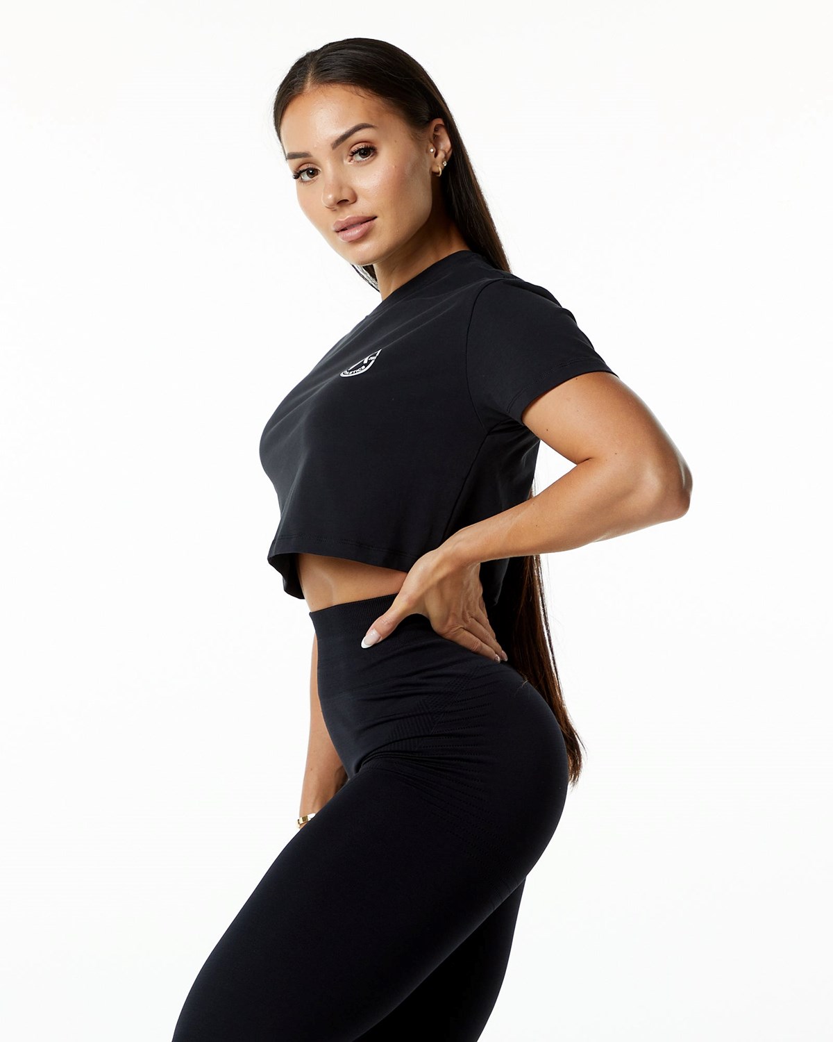 Alphalete Fitted Performance Kratke Sleeve Crop Čierne | 537-SWEDCL