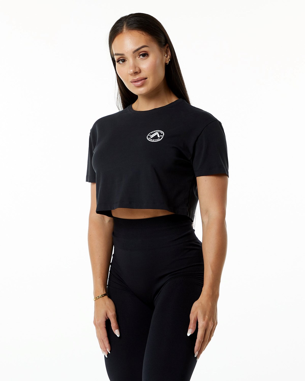 Alphalete Fitted Performance Kratke Sleeve Crop Čierne | 537-SWEDCL