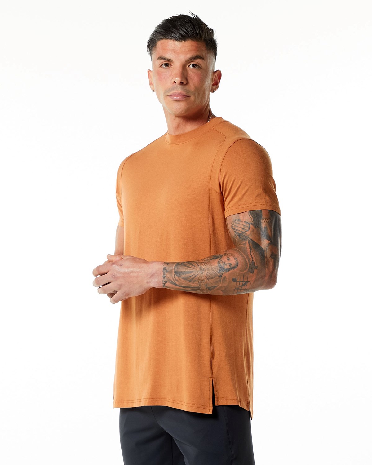 Alphalete High-Neck Premium Kratke Sleeve Tee Camel | 419-ZXKHNA