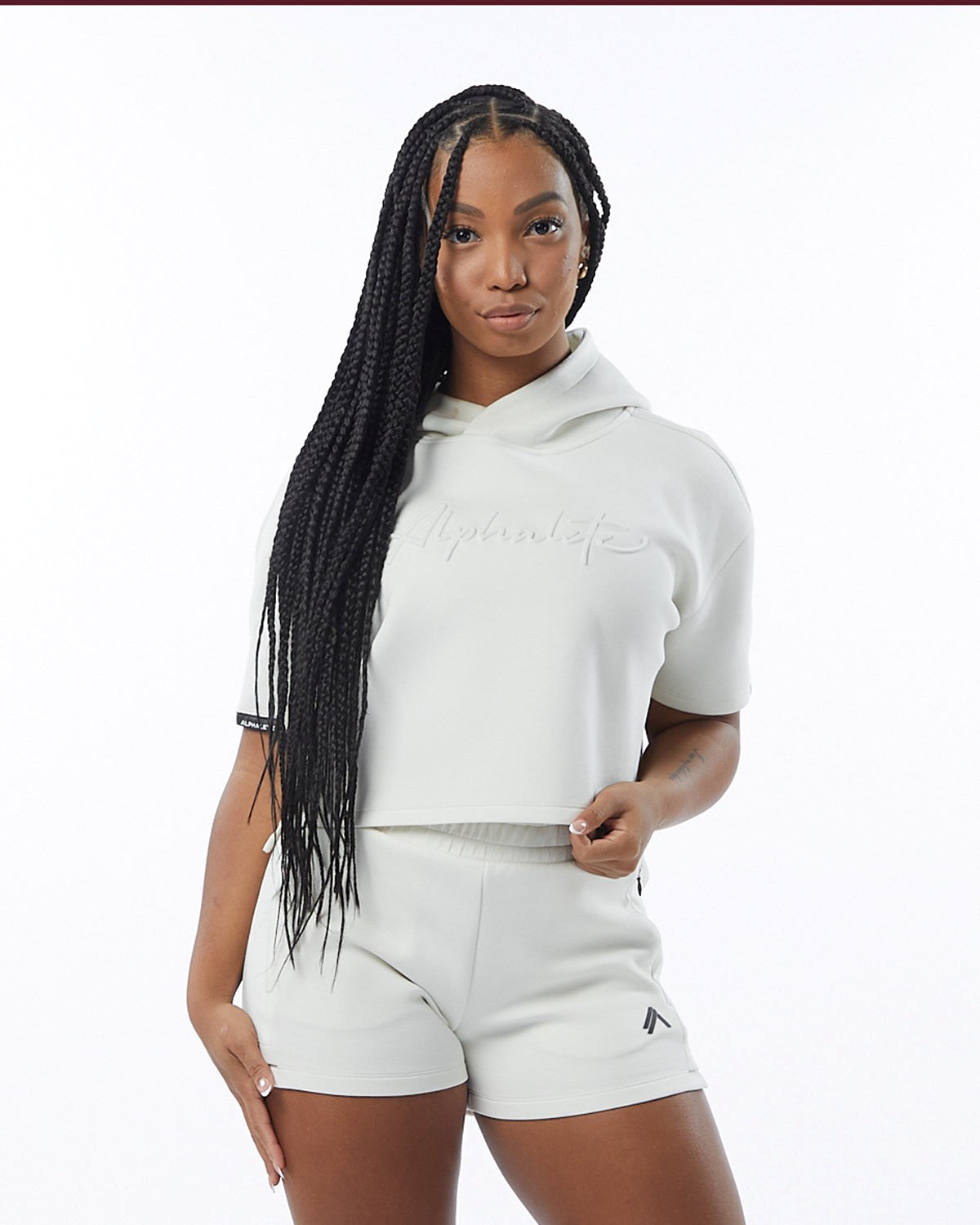 Alphalete Interlock Knit Crop Hoodie Krém | 963-HQAWCI