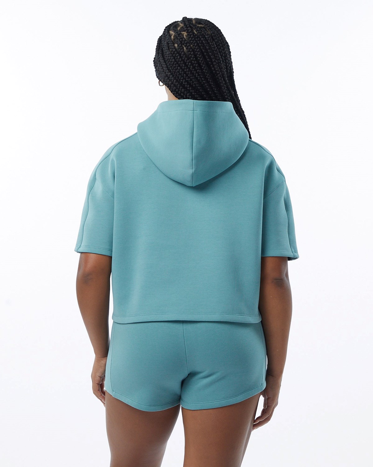 Alphalete Interlock Knit Crop Hoodie Teal | 380-ZDNTOX