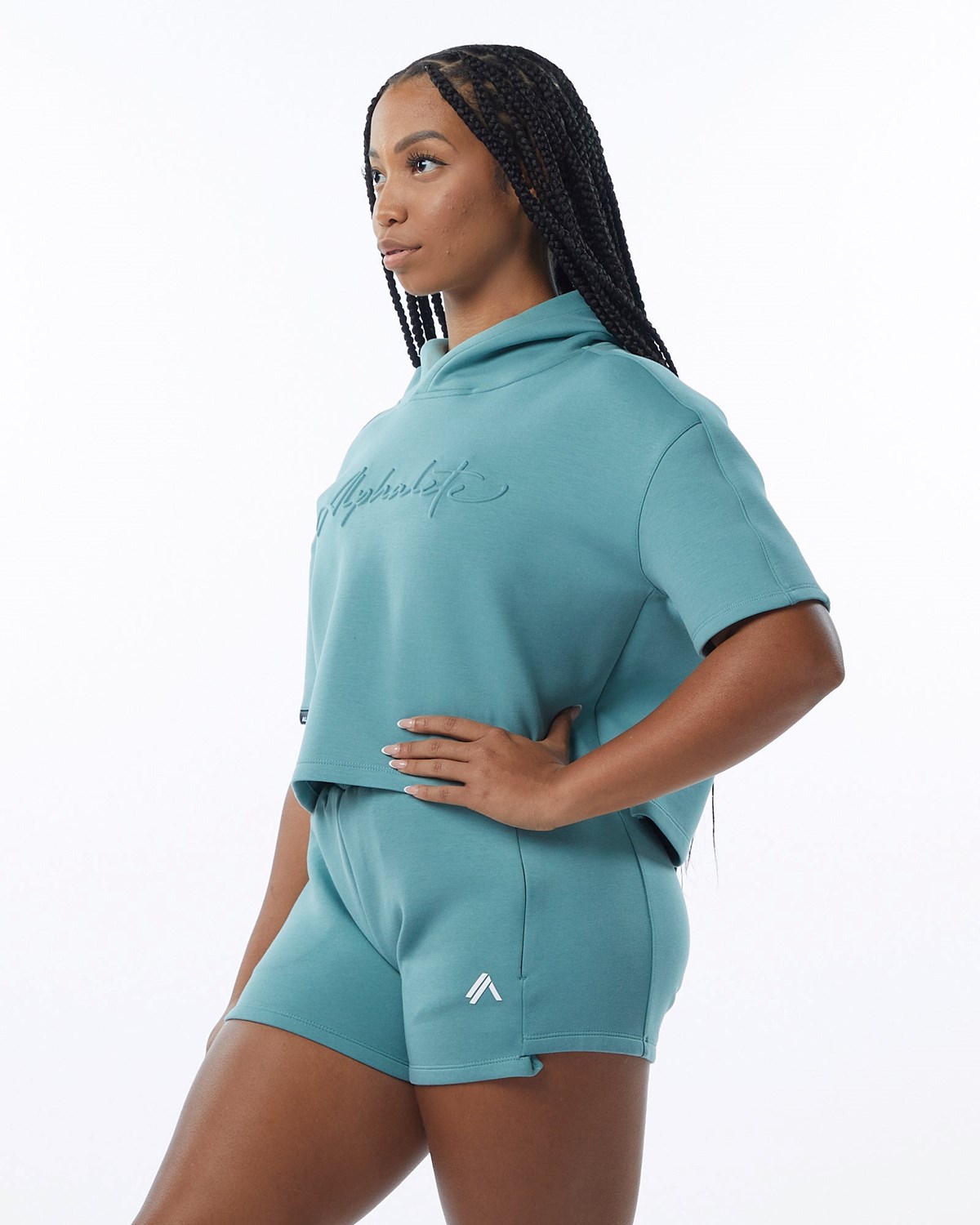 Alphalete Interlock Knit Crop Hoodie Teal | 380-ZDNTOX