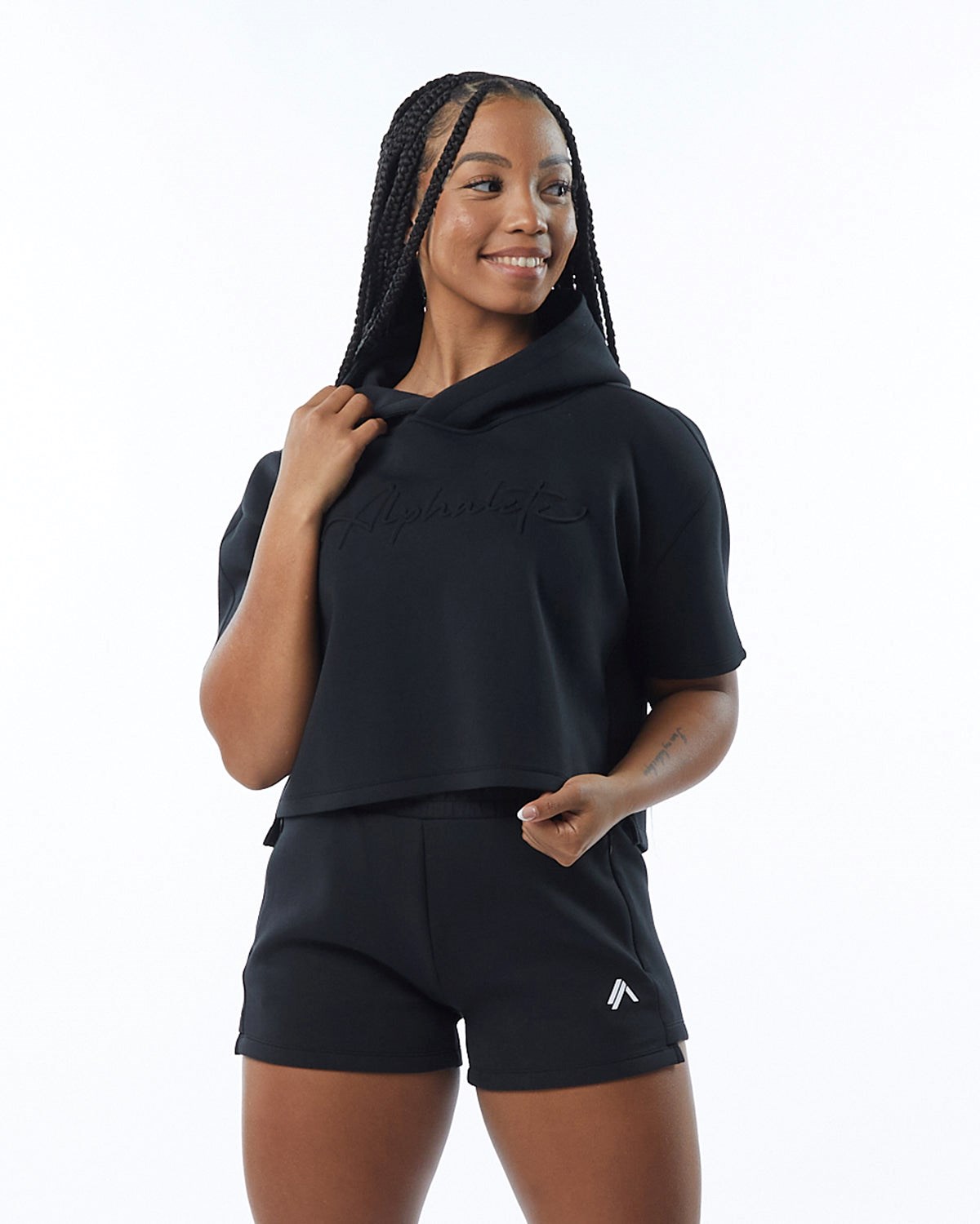 Alphalete Interlock Knit Crop Hoodie Čierne | 049-OXKHCP