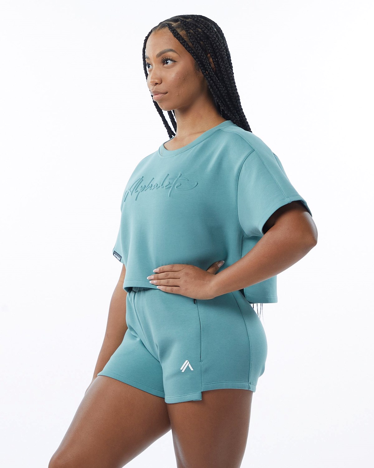 Alphalete Interlock Knit Crop Pullover Teal | 306-JEAGFS