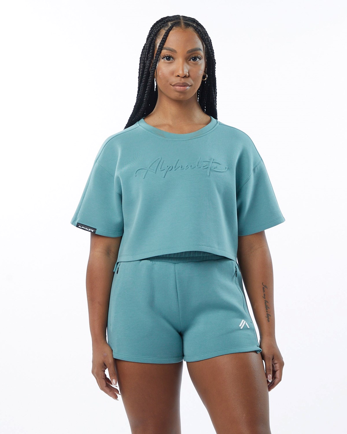 Alphalete Interlock Knit Crop Pullover Teal | 306-JEAGFS