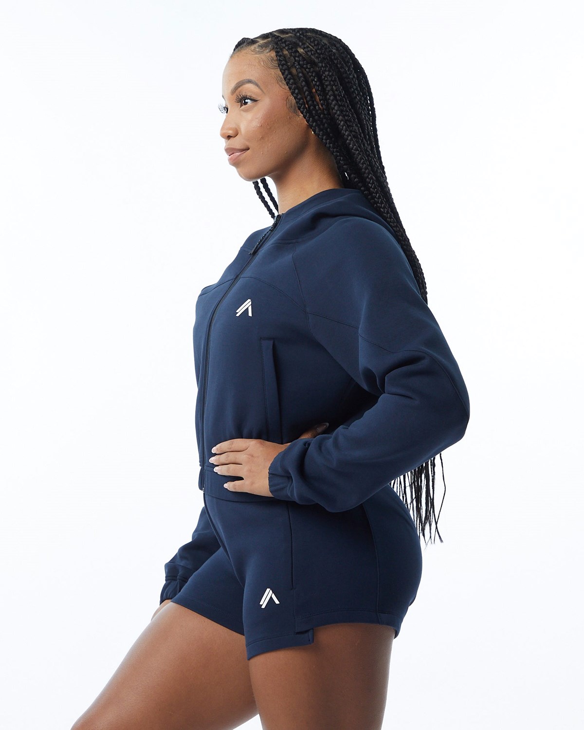 Alphalete Interlock Knit Crop-Zip Hoodie Námornícka Modrá | 916-GSJYMQ