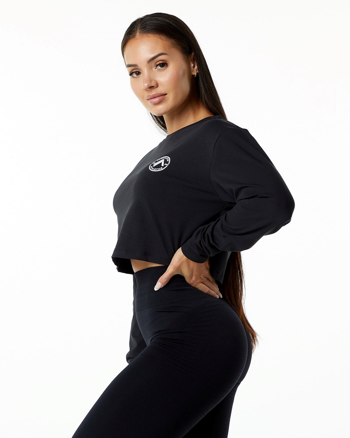 Alphalete Oversized Performance Long Sleeve Crop Čierne | 218-NADQKM