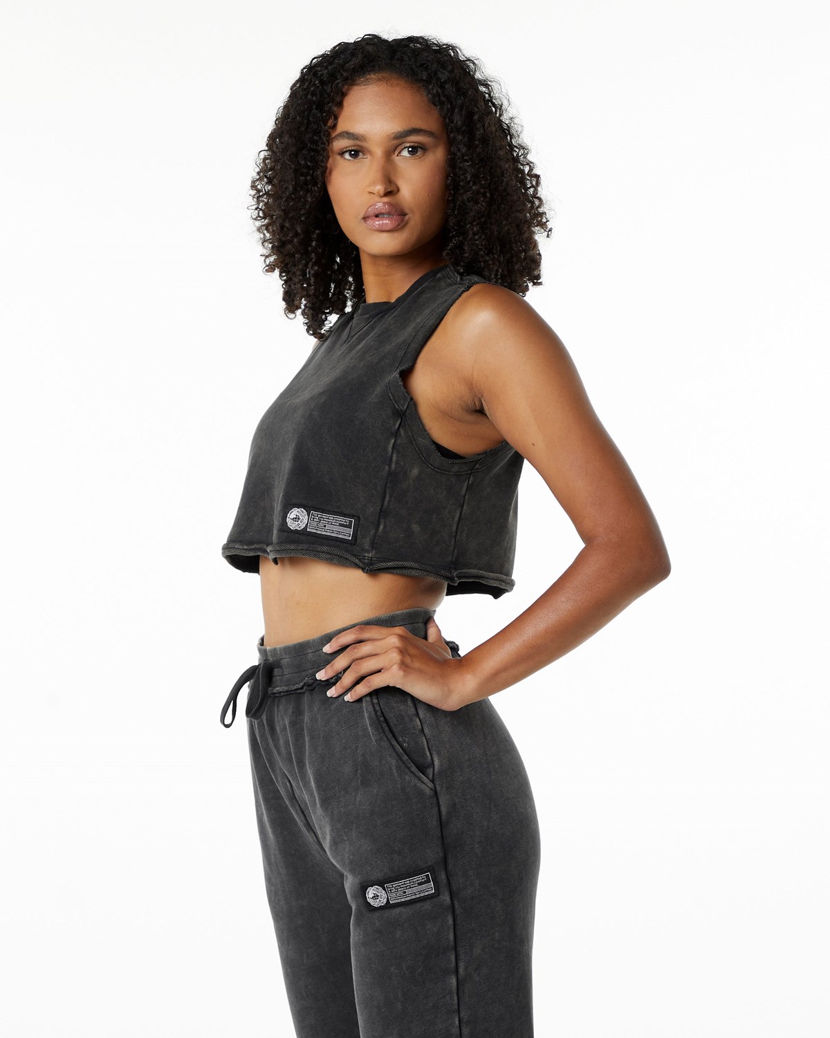 Alphalete Stredne-Weight Washed Terry Crop Cutoff Onyx | 380-JKSMWC