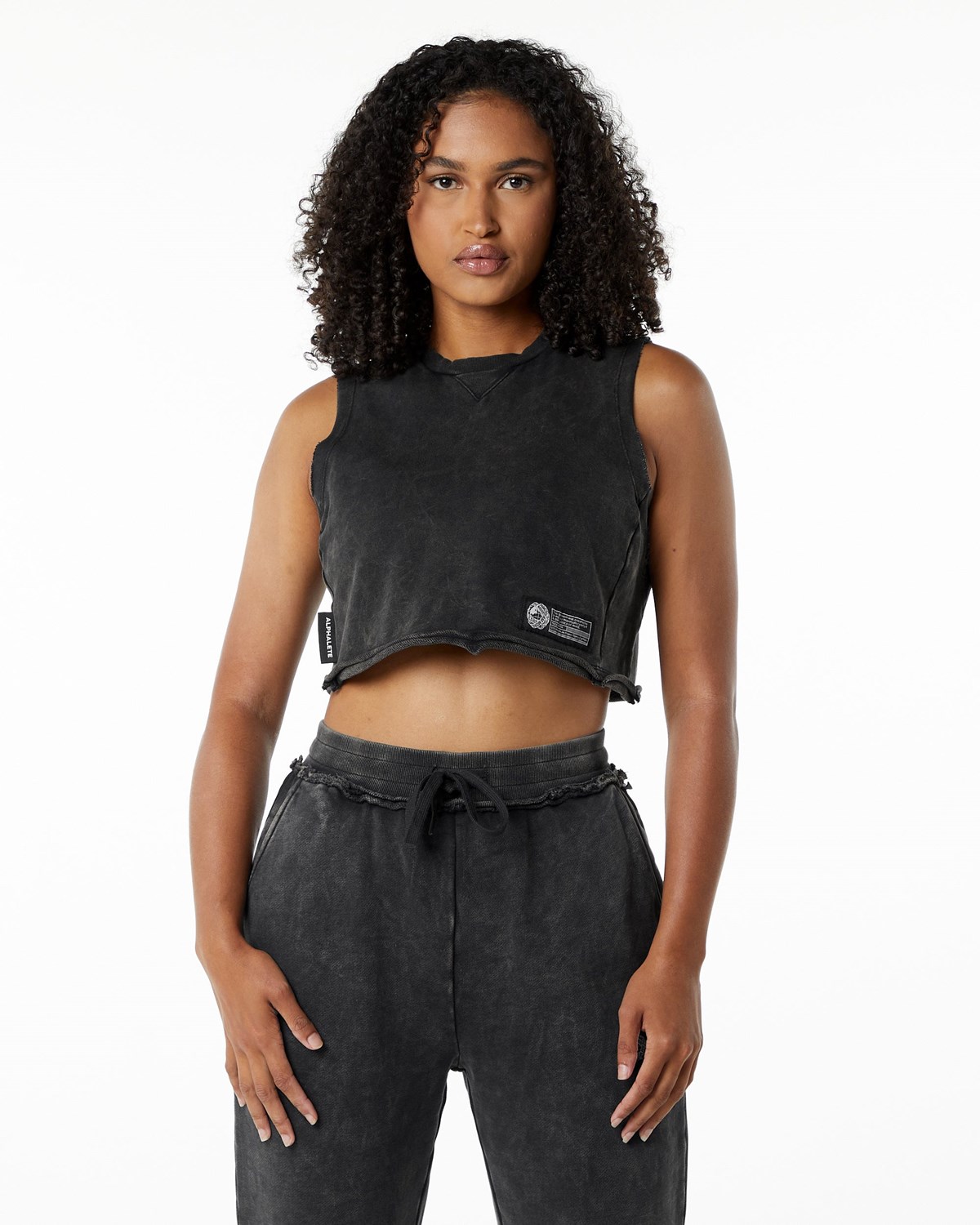 Alphalete Stredne-Weight Washed Terry Crop Cutoff Onyx | 380-JKSMWC